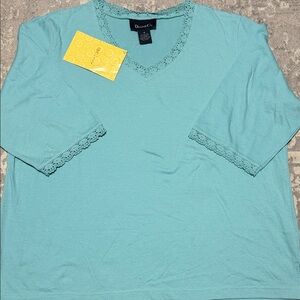 Denim&Co Turquoise Lace Trim Long Sleeve Top